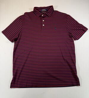 Polo Ralph Lauren Mens Large Red Navy Blue Striped Pima Soft Touch Polo Shirt